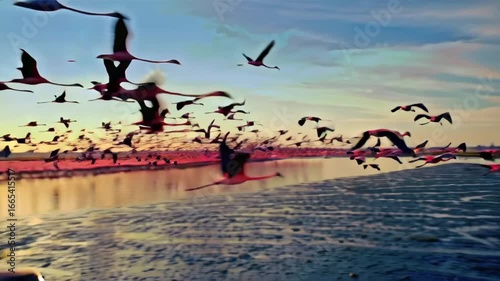 Flamingos Soaring Over Water A Stunning Aerial View Capturing a Flamingo Flock in Flight at Sunset