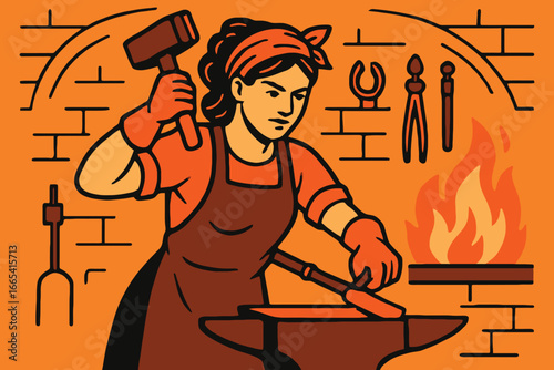 Skilled female blacksmith works metal with hammer at anvil in forge