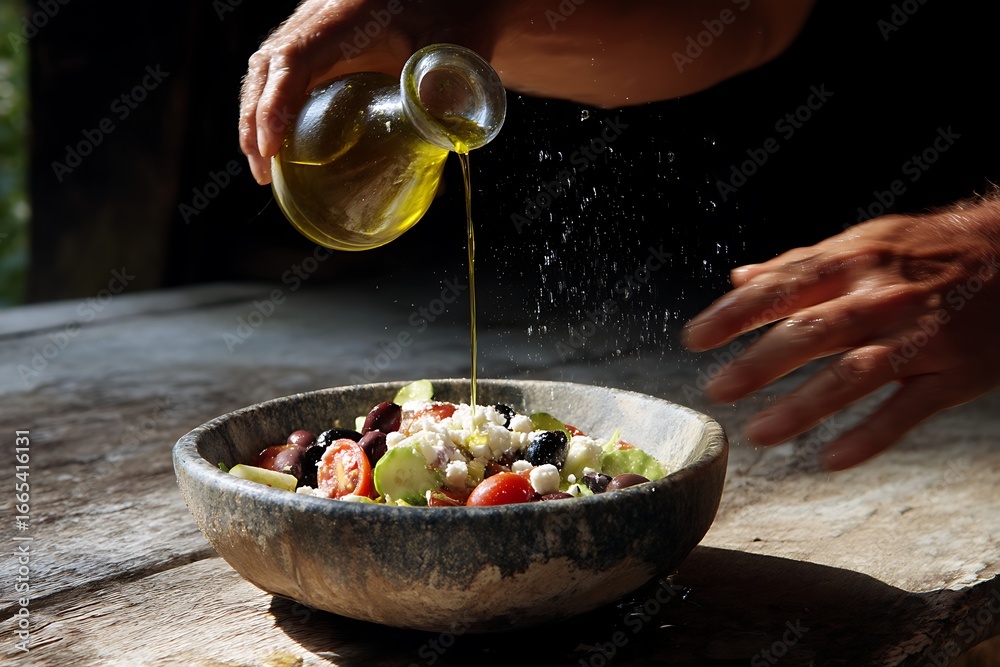 Obraz premium Culinary Delights: Olive Oil Pouring Over Fresh Salad: A culinary close-up captures the elegant moment of drizzling golden olive oil over a vibrant salad, showcasing fresh.