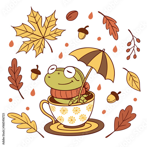 Cute Peaceful Amphibian, accessorized with in a teacup, in a Autumn world – Autumn Leaves palette vector