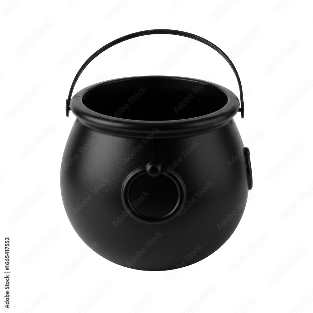Fototapeta premium Empty, matte black plastic cauldron-shaped candy bucket, perfectly clean, on a seamless infinite white studio background. Soft, shadowless lighting, high angle. Concept of pristine product