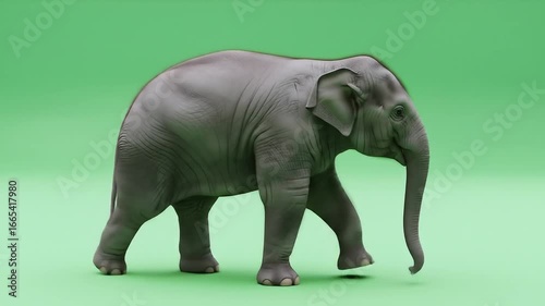 An elephant walks in front of a green screen, showcasing its size and texture.