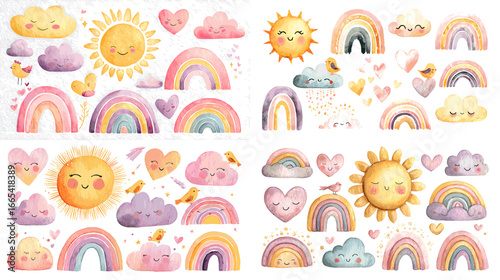 Charming watercolor clipart set of smiling suns, rainbows, clouds, and hearts in soft pastel colors, perfect for nursery decor, kids’ prints, and stationery.