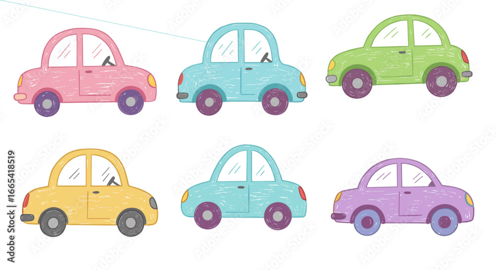 Fototapeta premium Collection of colorful cars – naive kids style, crayon drawing, vector illustration