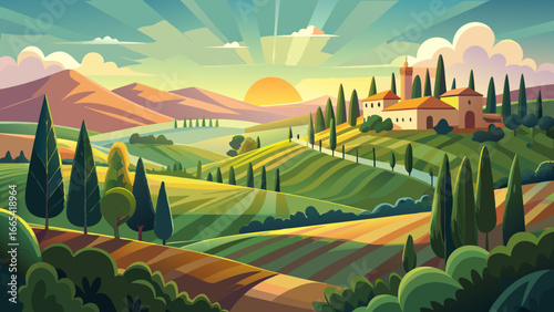 Italian countryside vector unfolds, hill landscape rises with pines and cypresses, morning scenery glows with sunrise light, timeless charm whispers peace, radiant horizon breathes serenity, nature in