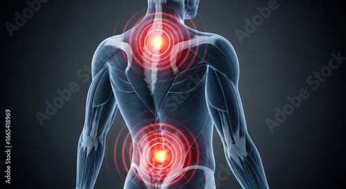 Anatomy of Pain: A medical 3D illustration showing red glowing areas of inflammation on the neck, shoulders, and upper back of a human body, representing injury and chronic pain.
