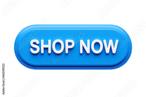 Modern blue rounded rectangle button with white text saying shop now isolated on transparent background