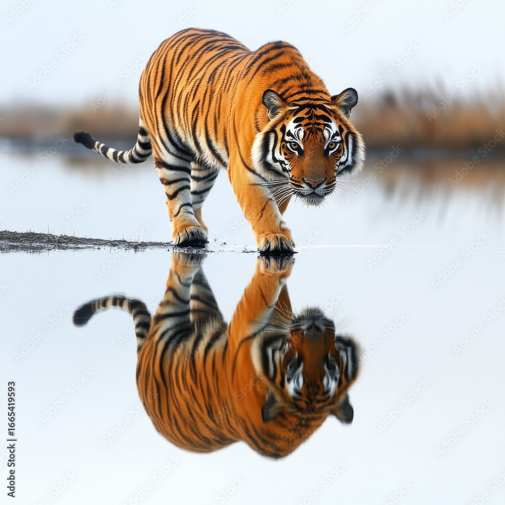 Obraz premium Tiger walking along the edge of a mirror-still lake, its reflection crisp and undisturbed, peaceful and symmetrical, copy space. 