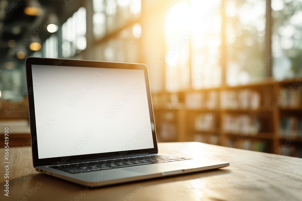 Modern laptop with a blank screen is displayed in front of a blurred library background, creating a warm and inviting workspace atmosphere perfect for studying. Modern laptop with a blank screen is displayed in front of a blurred library background, creating a warm and inviting workspace atmosphere perfect for studying.