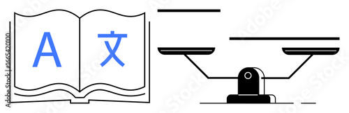 Open book displaying language symbols paired with balanced scales. Ideal for education, translation, justice, communication, equality, learning, decision-making. Simple flat metaphor