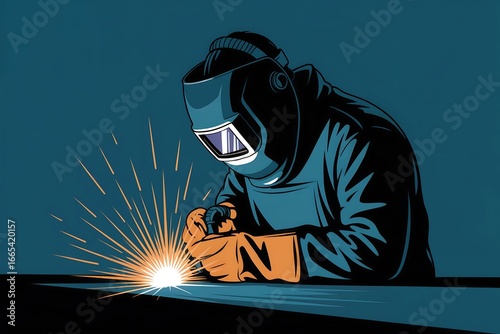 Welder at work vector art design with a protective mask and a silhouette of a welder welding steel