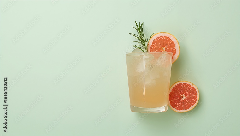 Fototapeta premium Grapefruit cocktail refreshing drink summer beverage citrus fruit rosemary garnish ice cubes healthy lifestyle vitamin c antioxidant boost pink grapefruit