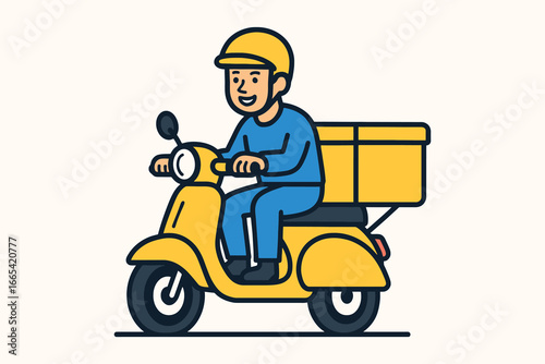 Happy delivery person riding a yellow scooter with a large yellow cargo box