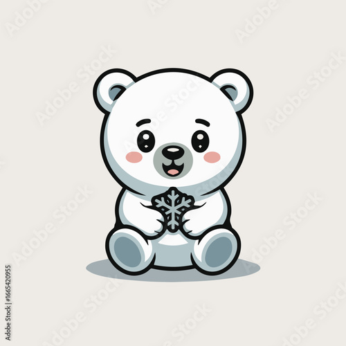 Adorable baby polar bear sitting and holding a snowflake, cute cartoon character isolated on white background, vector illustration for kids, playful and funny animal