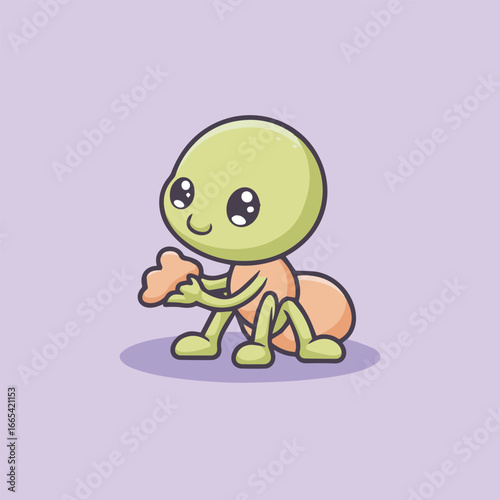 Cute ant insect cartoon vector illustration, adorable kawaii mascot character design holding a piece of food, sweet and lovely animal isolated on a light purple background