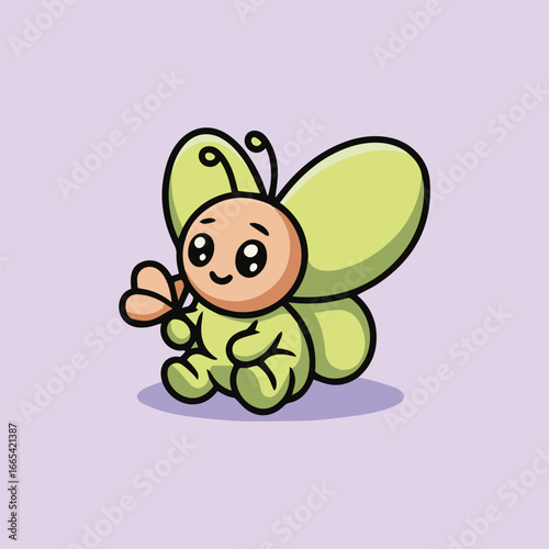Charming cartoon butterfly holding a flower, a delightful illustration of a cute insect character with a sweet smile and playful design, perfect for childrens content