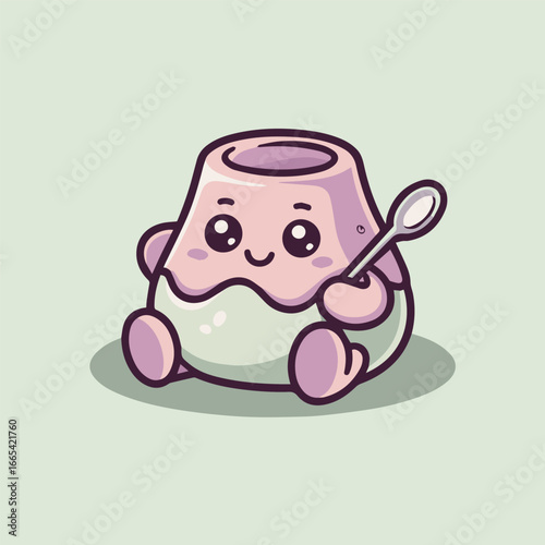 A cute pudding cartoon character sitting and holding a spoon, a delightful dessert illustration for kids, perfect for a sweet treat design