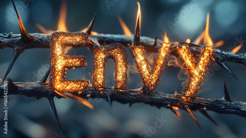Glowing word Envy burning intensely on sharp, thorny branch, symbolizing destructive power of negative emotion and spiritual struggle