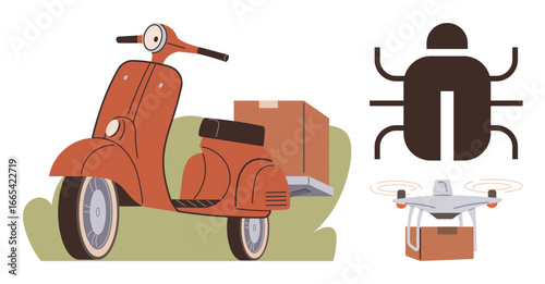 Orange motor scooter carrying a box, delivery drone lifting a package, and a bug-shaped abstract element. Ideal for logistics, technology, automation, e-commerce, transportation, delivery services