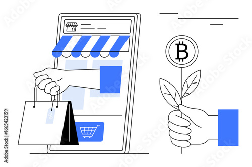 Hand holding shopping bags from a digital store screen and hand nurturing leaf with bitcoin at tip. Ideal for e-commerce, digital currencies, online trade, sustainability, blockchain, financial