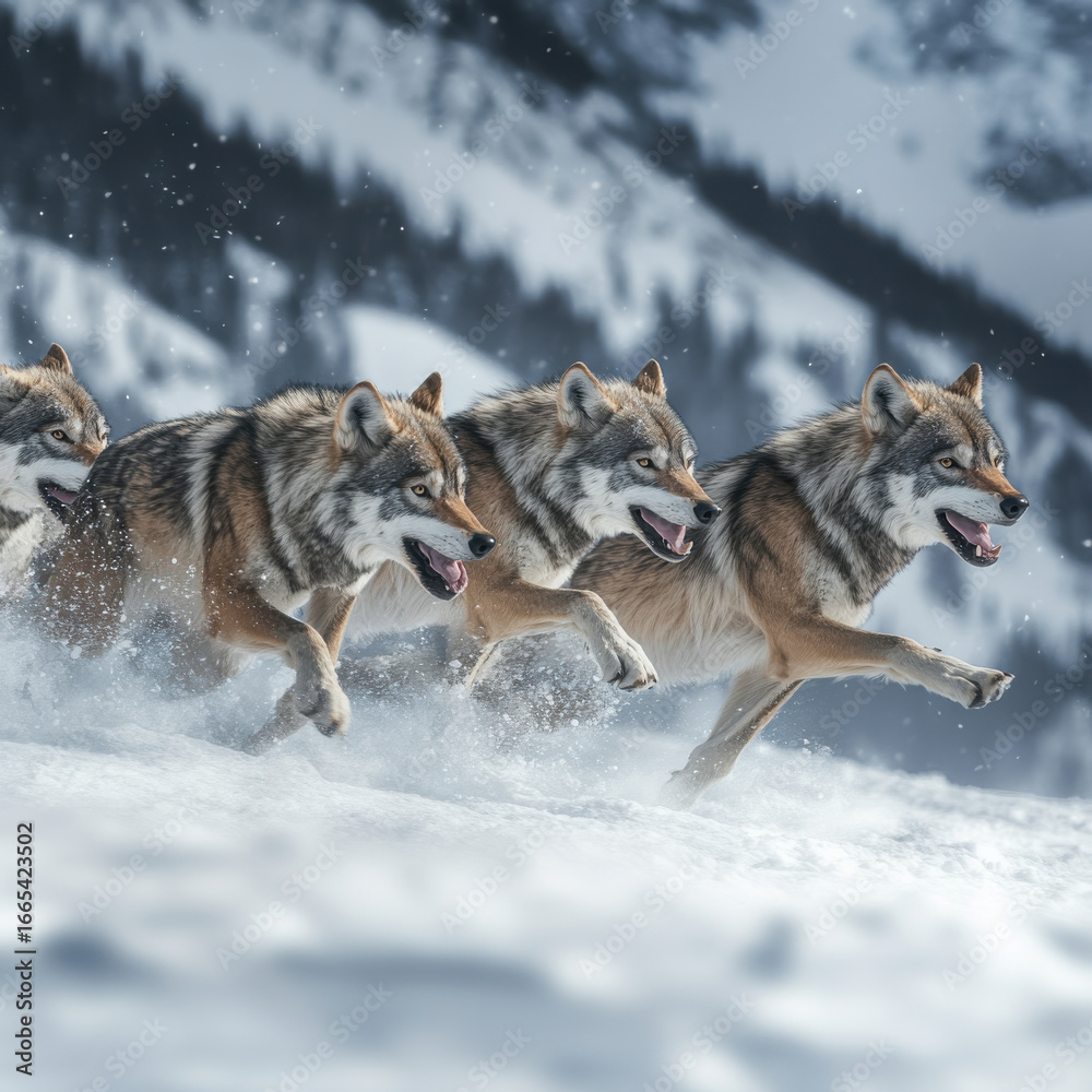 Obraz premium Wolves in motion against a backdrop of snow-covered peaks, dynamic energy and pristine wilderness captured in one frame, copy space. 