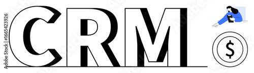 CRM text with large lettering, dollar sign symbol for revenue, and character using tablet. Ideal for finance, technology, analytics, business, CRM systems, marketing simple landing page