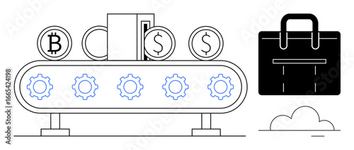 Conveyor belt moves coins and wallet with gear cogs symbolizing automation. Black briefcase represents business, finance, payment. Ideal for automation, fintech, investment ideas, crypto