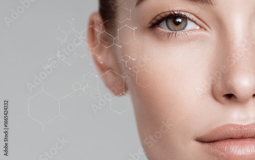 Elegant close-up of female face with molecular graphics on smooth glowing skin, highlighting scientific skincare innovation, perfect for promoting cosmetic technology and modern beauty solutions