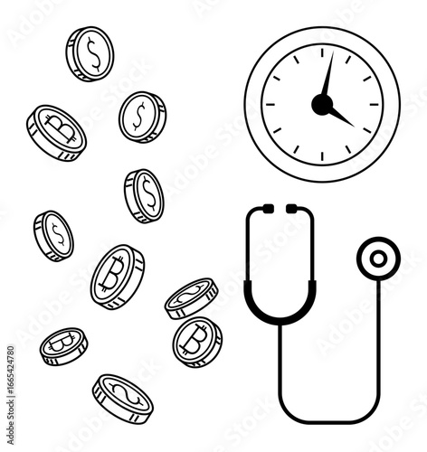 Clock, flying coins with dollar and bitcoin insignia, and stethoscope suggesting time, finance, and healthcare. Ideal for financial planning, health economy, medical cost, time efficiency