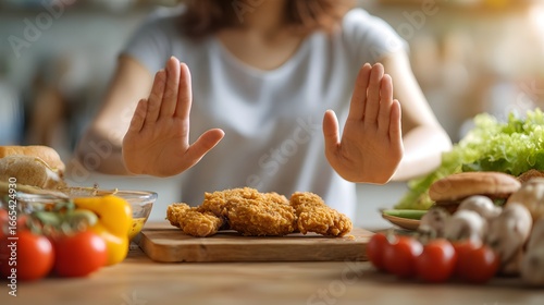 Woman resisting fried food and unhealthy options for healthy eating choices, diet and nutrition for a balanced lifestyle and well-being.