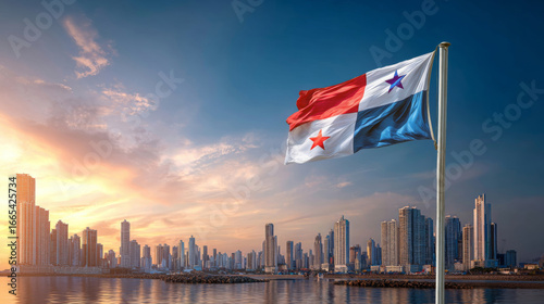 Panama flag waves proudly against skyline during Independence Day celebration