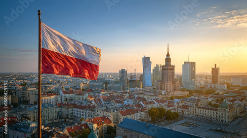 Poland flag waving proudly in Warsaw skyline during Independence Day celebrations at sunset