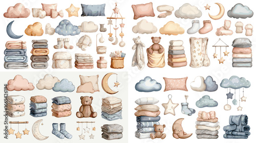 Watercolor baby room clipart with pillows, blankets, teddy bears, stars, clouds, moon, and nursery accessories in soft pastel tones, perfect for kids’ decor and design.