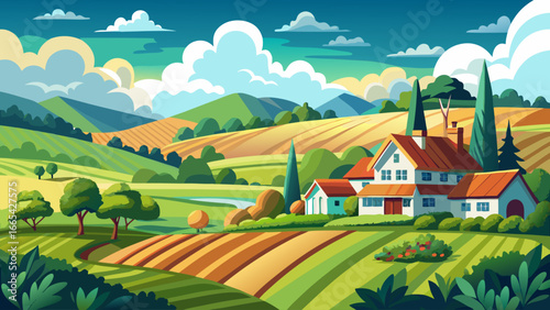  very beautiful Summer village landscape with house, fields, trees, sky with clouds. Vector illustration.