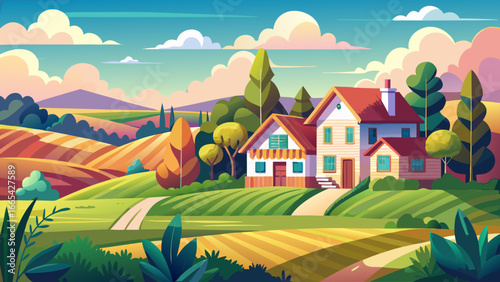  very beautiful Summer village landscape with house, fields, trees, sky with clouds. Vector illustration.