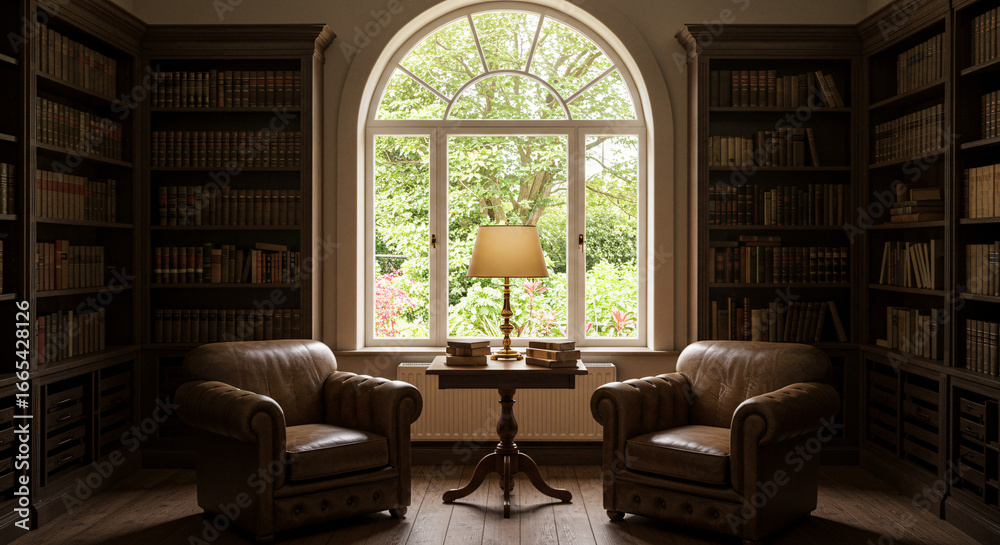 Fototapeta premium Elegant Vintage Library with Floor-to-Ceiling Bookshelves and Comfortable Leather Chairs