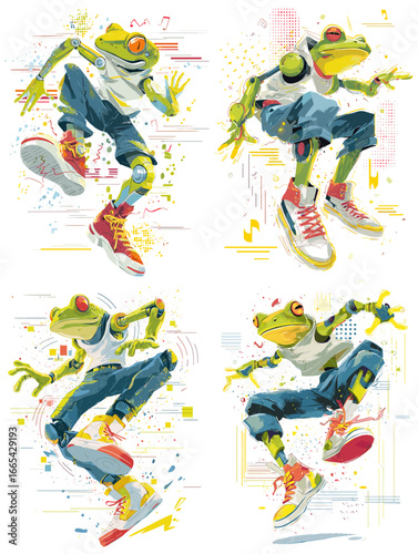Vibrant illustration of an anthropomorphic frog in streetwear, striking dynamic hip-hop dance poses. Perfect for character design, animation, and street art themes.