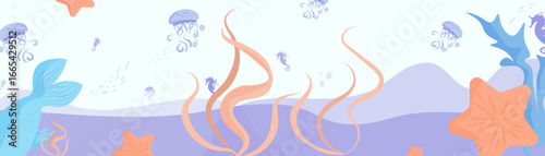 A banner in a nautical style. Vector illustration in a flat style. Sea creatures, jellyfish, plants.