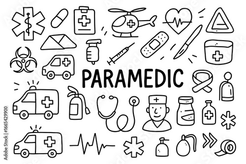 Paramedic doodle set with ambulance, medical icons, and emergency symbols