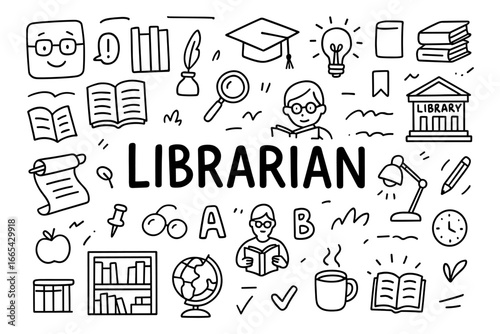 Doodle art of librarian theme with books, glasses, and library icons
