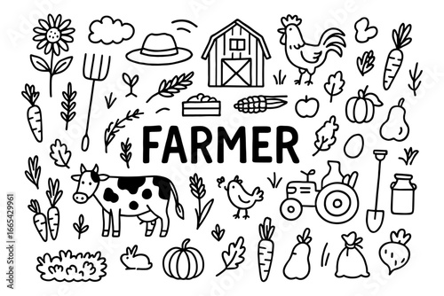 Farm life doodles with barn, animals, tractor, and vegetables in black and white