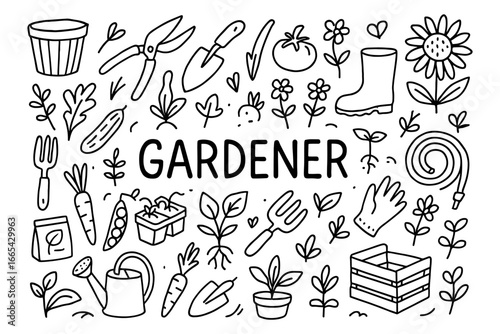 Gardening tools and plants doodle: hand-drawn elements for outdoor enthusiasts