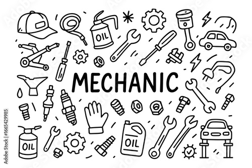 Hand-drawn mechanic tool doodle pattern with automotive icons in black and white