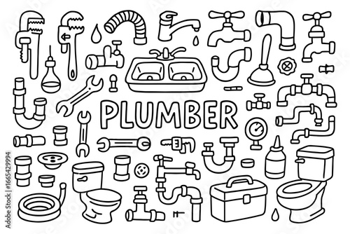 Hand drawn plumbing tools and fixtures collection for diy projects