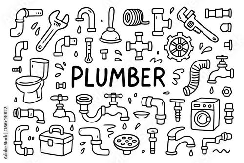 Hand drawn plumbing tools and fixtures collection on white background