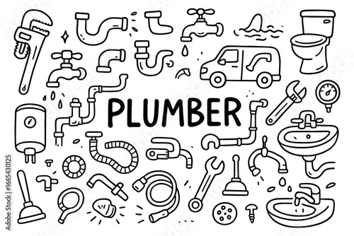 Plumbing tools and fixtures hand drawn black and white doodle