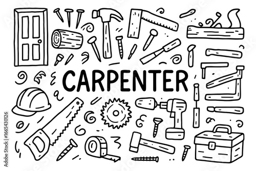 Hand drawn carpenter tools with icons and equipment for woodworking crafts
