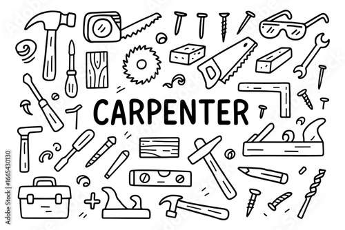 Hand drawn carpenter tools doodle set