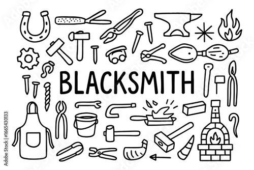Hand-drawn blacksmith tools collection in doodle style for craft enthusiasts