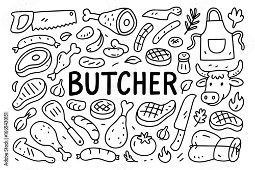 Hand drawn butcher shop elements with meat cuts and tools